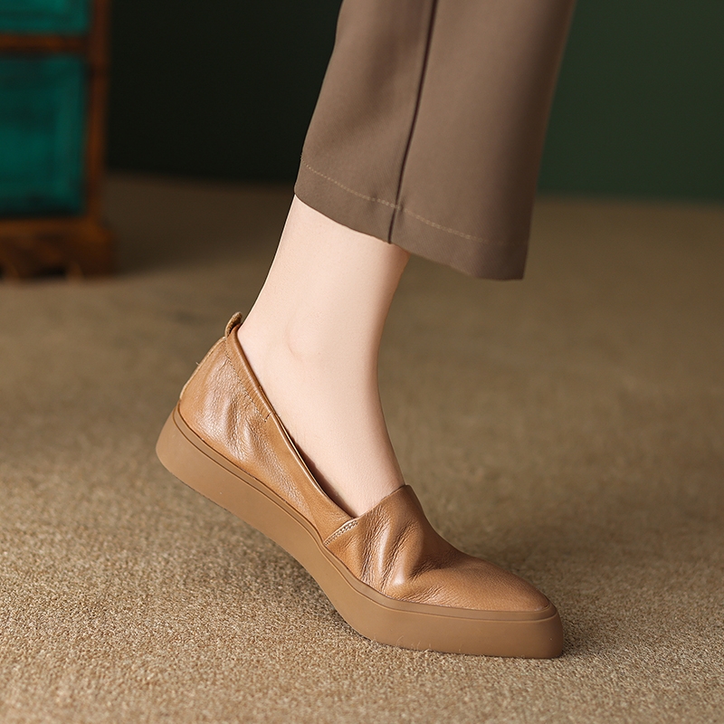 Genuine Leather Flat Grandma Shoes with Elastic Mouth, Elegant Pointed Toe, Thick Sole - Italian Style Chic Footwear