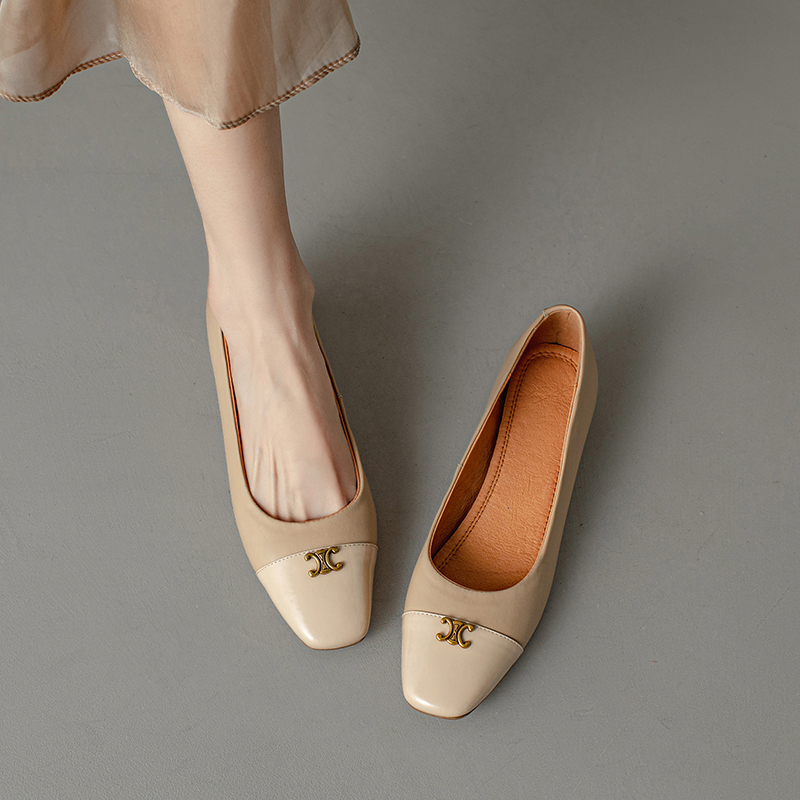 Genuine Leather French Literary Style Flat Shoes for Women - Elegant Gold Buckle, Square Toe, Low Chunky Heel, Chic Comfort