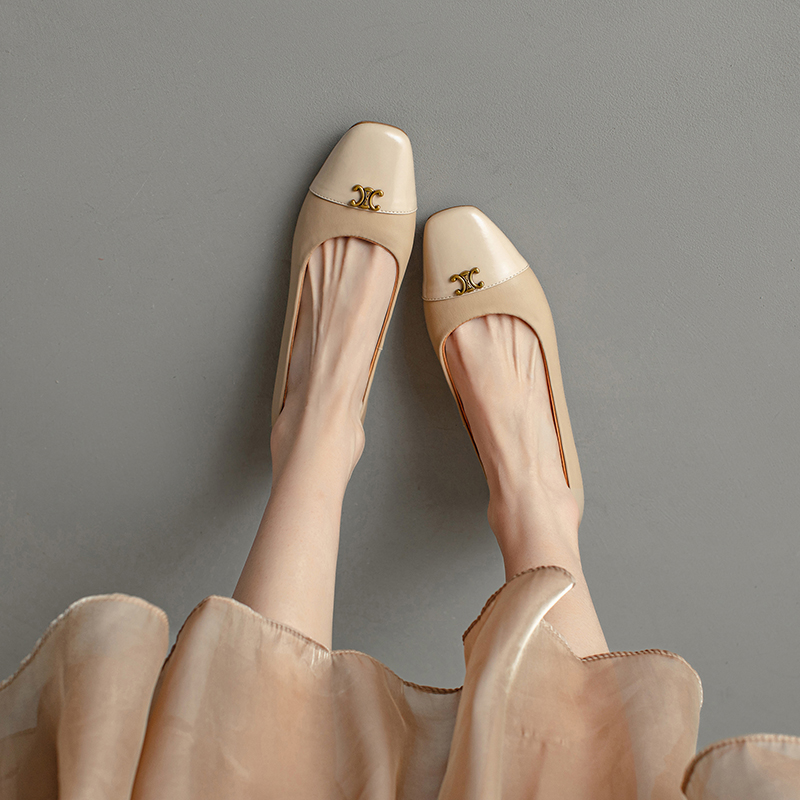 Genuine Leather French Literary Style Flat Shoes for Women - Elegant Gold Buckle, Square Toe, Low Chunky Heel, Chic Comfort