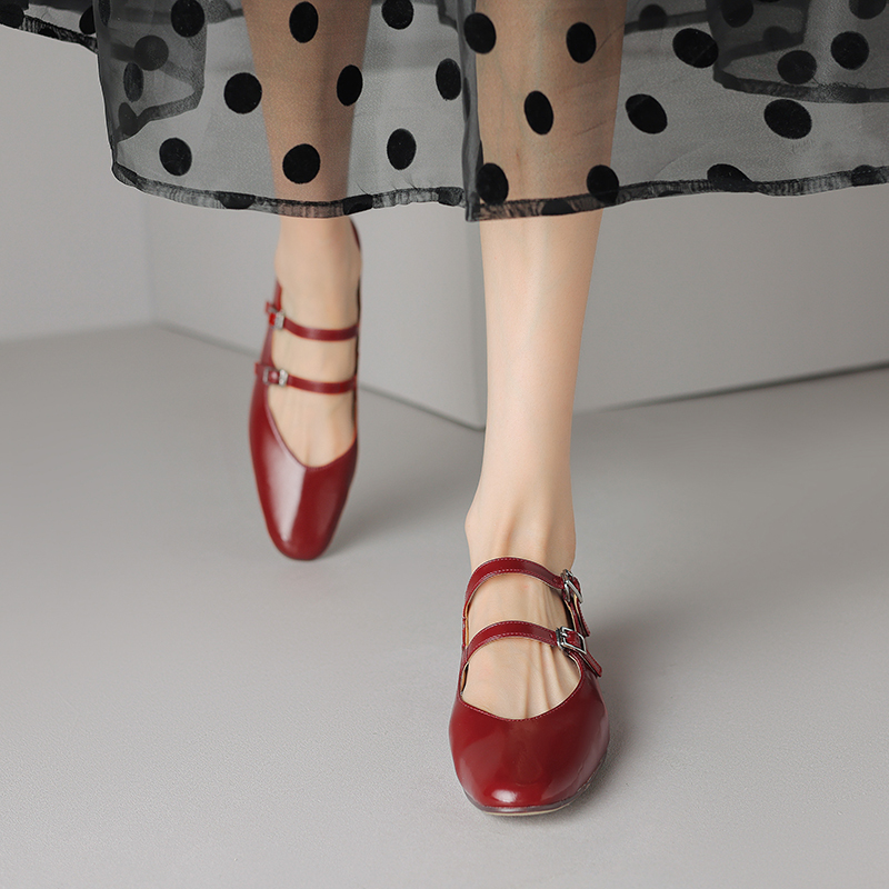 Genuine Leather French Round-Toe Mid-Heel Mary Jane Shoes for Women - Artistic Double Buckle Design for Spring & Summer Fashion