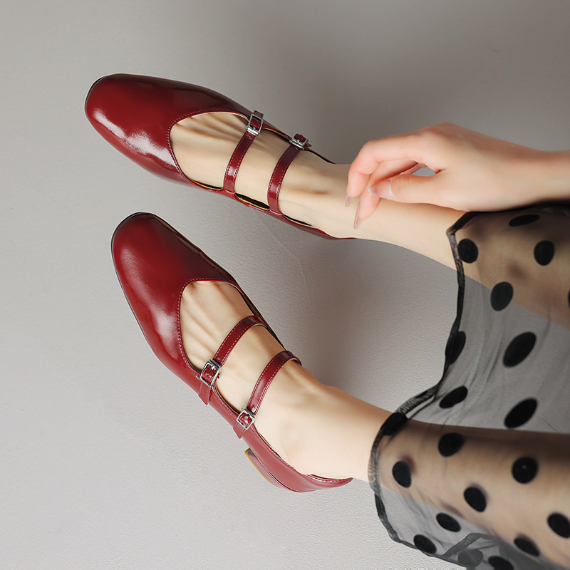Genuine Leather French Round-Toe Mid-Heel Mary Jane Shoes for Women - Artistic Double Buckle Design for Spring & Summer Fashion
