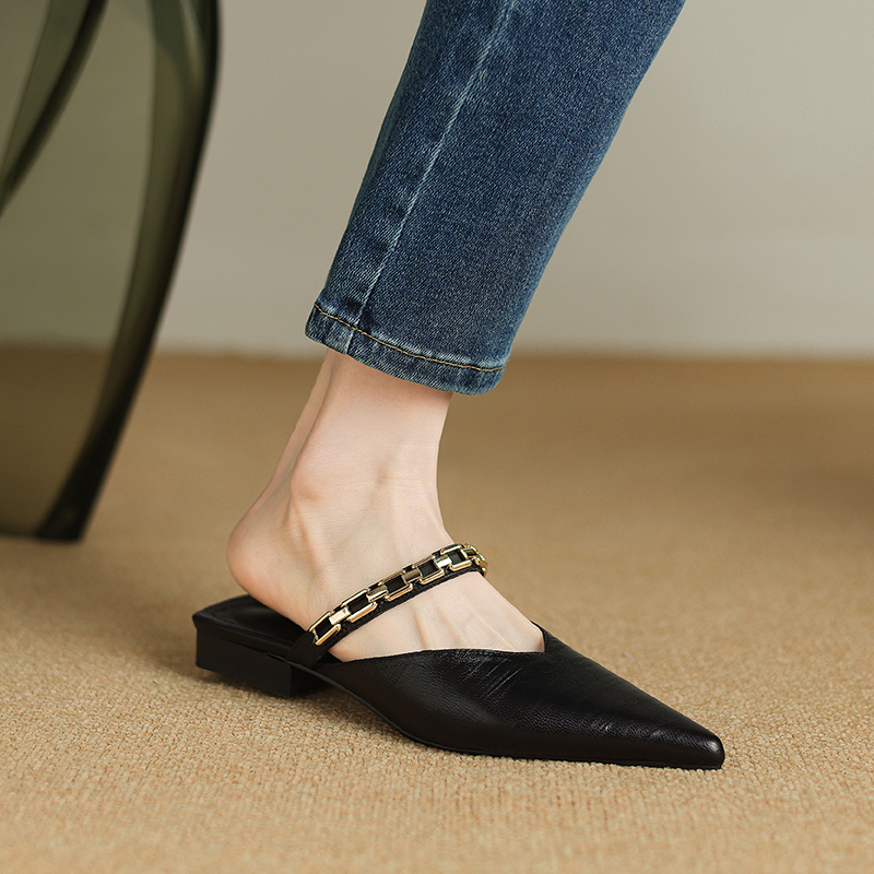 Genuine Leather French-Style Open-Toe Half Slippers for Women - High-End Summer Mules for Outdoor Wear