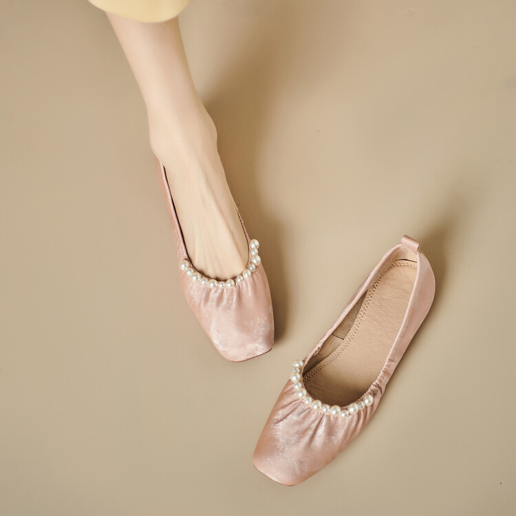 Genuine Leather French-Style Pearl Shallow Mouth Flat Shoes for Women - Italian Corso Venezia Pleated Grandma Shoes