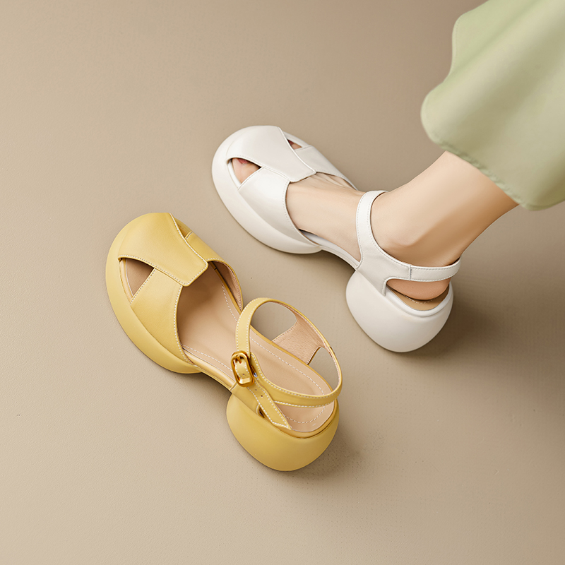 Genuine Leather Hollow Out Open-Toe Sandals for Women - Summer 2025 Height-Increasing Thick Sole One-Strap Design