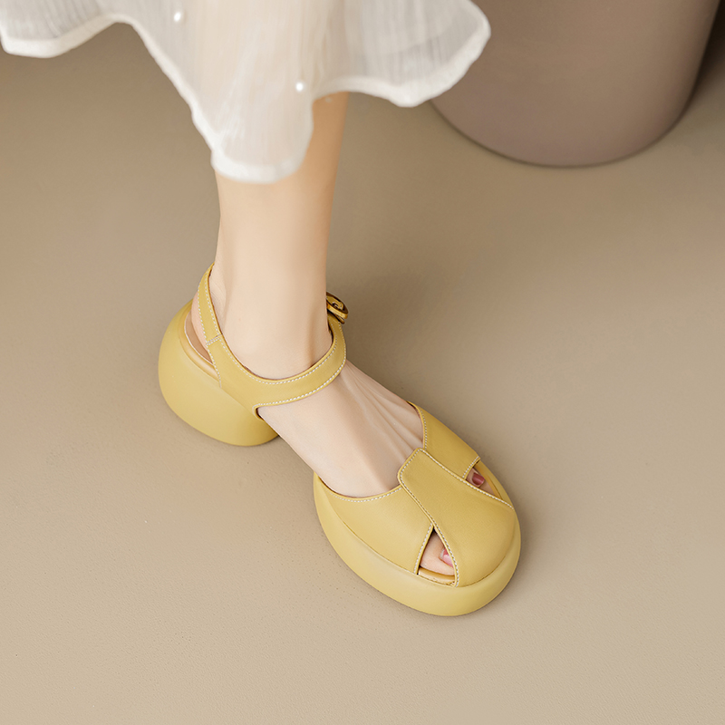 Genuine Leather Hollow Out Open-Toe Sandals for Women - Summer 2025 Height-Increasing Thick Sole One-Strap Design