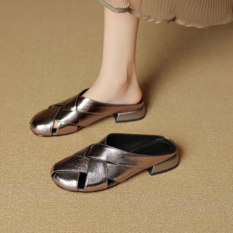 Genuine Leather Hollow-Out Toe Half Slippers - Woven Low-Heeled Fashionable Sandals for Skirts, Italian Style, Trendy Footwear