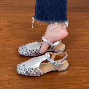 Genuine Leather Hollow Woven Low-Heeled Open-Toe Sandals for Women - Summer 2025 Chunky Heeled Roman Style, Breathable Comfort