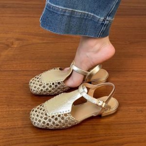 Genuine Leather Hollow Woven Low-Heeled Open-Toe Sandals for Women - Summer 2025 Chunky Heeled Roman Style, Breathable Comfort