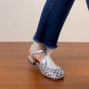 Genuine Leather Hollow Woven Low-Heeled Open-Toe Sandals for Women - Summer 2025 Chunky Heeled Roman Style, Breathable Comfort