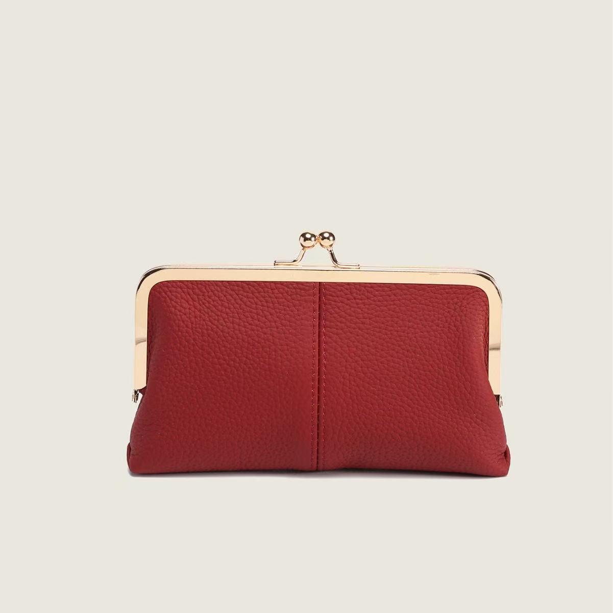 Genuine Leather Long Clutch Wallet - Minimalist Solid Color Clip Bag with High-End Metal Frame, Large Capacity Coin Purse for Women