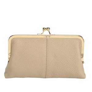 Genuine Leather Long Clutch Wallet - Minimalist Solid Color Clip Bag with High-End Metal Frame, Large Capacity Coin Purse for Women