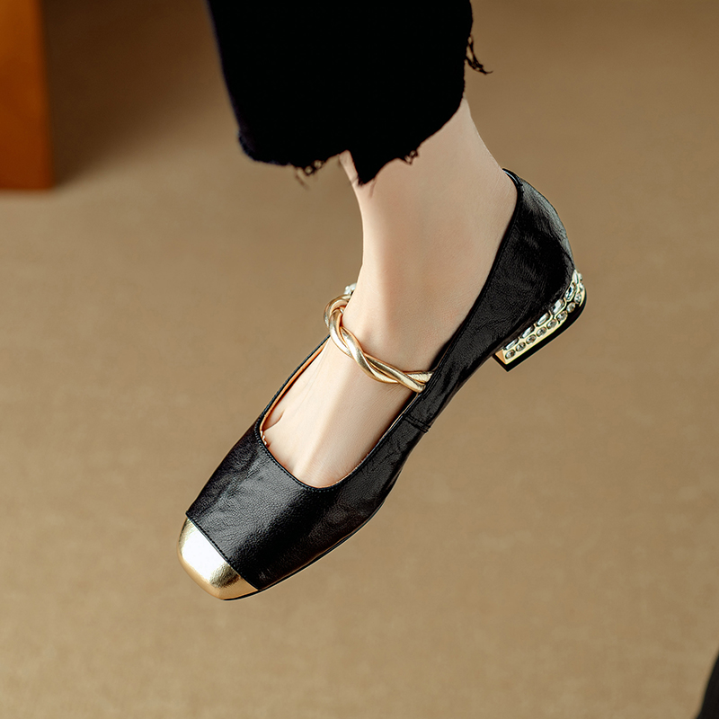 Genuine Leather Mary Jane Shoes for Women - French Low-Heeled Chunky Style, Perfect for Skirts, Italian Corso Venezia Inspired