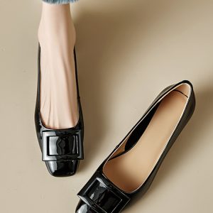 Genuine Leather Mid-Heel Square Toe Shoes for Women - Elegant Chunky Heel, Shallow Mouth Design, Classic Style