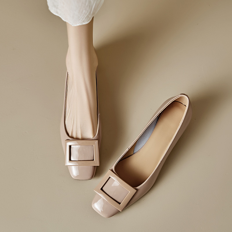 Genuine Leather Mid-Heel Square Toe Shoes for Women - Elegant Chunky Heel, Shallow Mouth Design, Classic Style