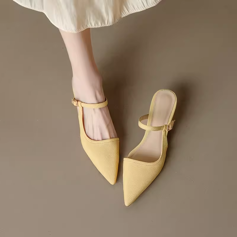 Genuine Leather One-Strap Open-Toe Half-Drag Sandals with Pointed Kitten Heels - Chic Summer Footwear for Stylish Outfits