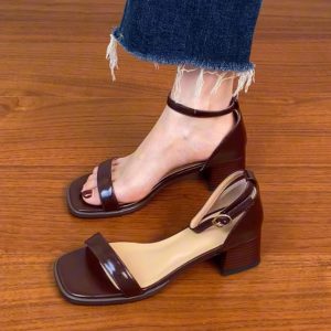 Genuine Leather One-Strap Thick-Heeled Open-Toe Sandals for Women - Summer Brown Square-Toe Mid-Heel Shoes Size 41