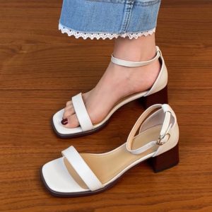 Genuine Leather One-Strap Thick-Heeled Open-Toe Sandals for Women - Summer Brown Square-Toe Mid-Heel Shoes Size 41