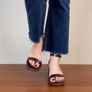 Genuine Leather One-Strap Thick-Heeled Open-Toe Sandals for Women - Summer Brown Square-Toe Mid-Heel Shoes Size 41