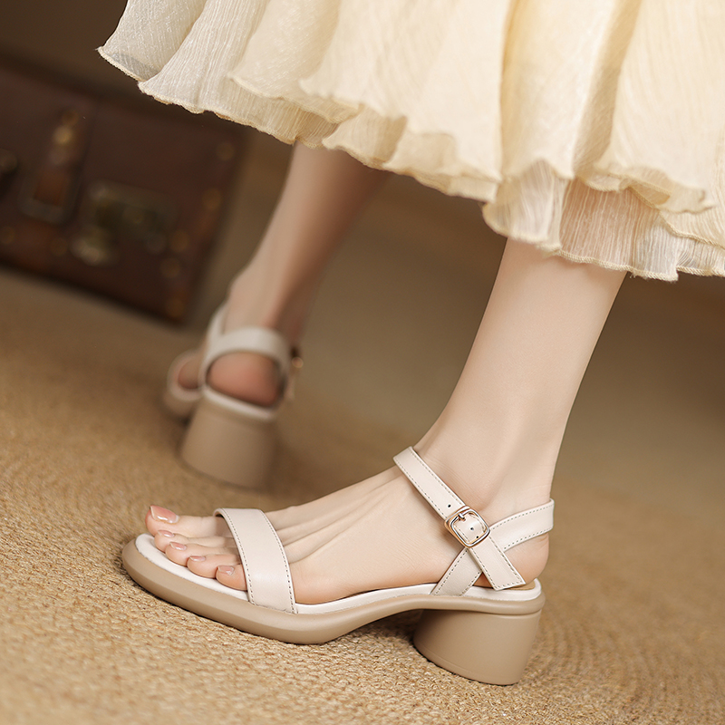 Genuine Leather Open-Toe Mid-Heel Sandals for Women - Simple Versatile Strappy Design, 2025 Fashion Must-Have