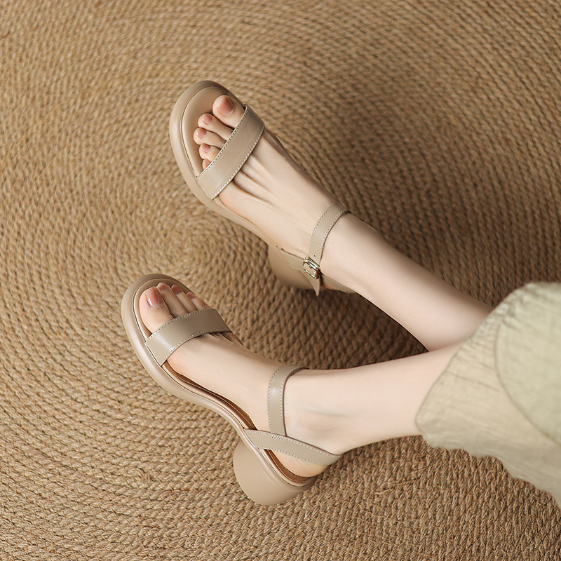 Genuine Leather Open-Toe Mid-Heel Sandals for Women - Simple Versatile Strappy Design, 2025 Fashion Must-Have