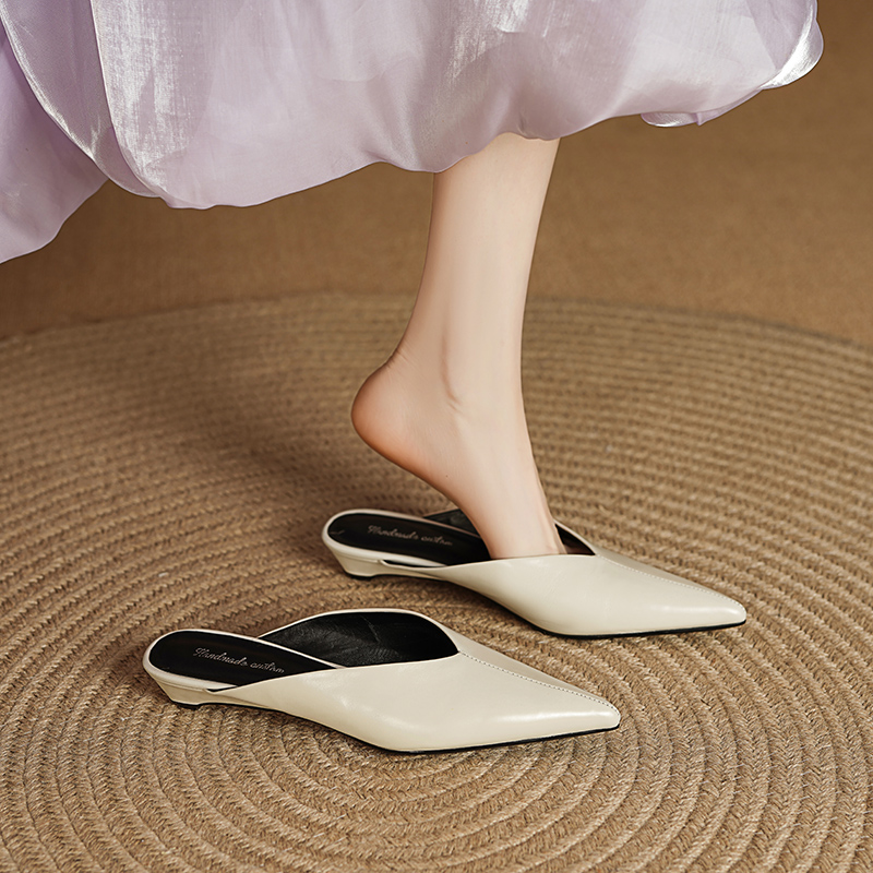 Genuine Leather Pointed Toe Slip-On Mule Slippers for Women - Summer Wedge Closed Toe Outdoor Footwear Fashion