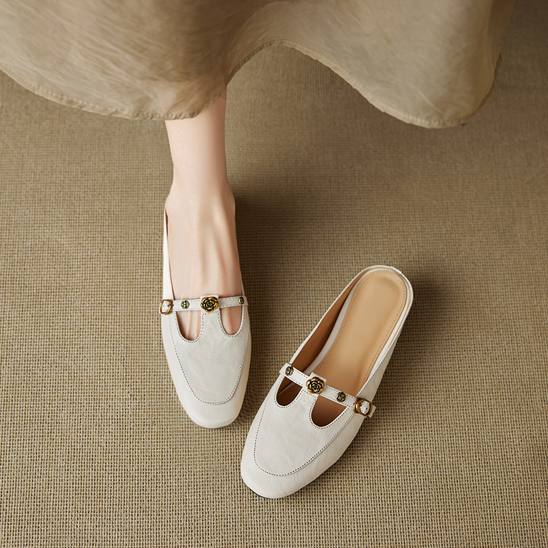 Genuine Leather Round Toe Camellia Lazy Slippers for Women - Retro Summer Outdoor Hidden Height Half Slippers