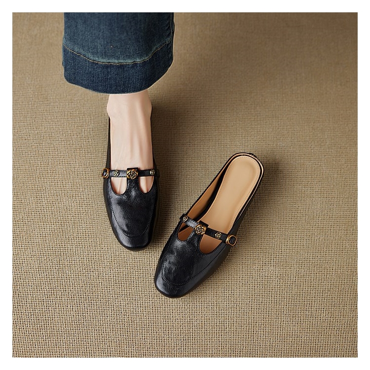 Genuine Leather Round Toe Camellia Lazy Slippers for Women - Retro Summer Outdoor Hidden Height Half Slippers