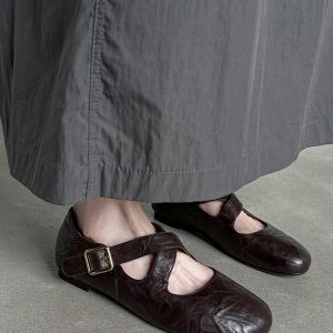 Genuine Leather Round Toe Cross Strap Ballet Flats for Women - Comfortable Spring Slip-On Shoes