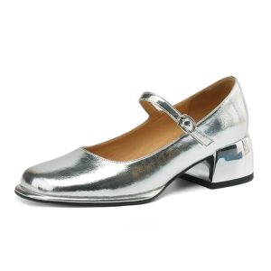 Genuine Leather Round Toe Mid Heel Chunky Mary Jane Shoes for Women - Silver One Strap Design, Spring 2025 Style