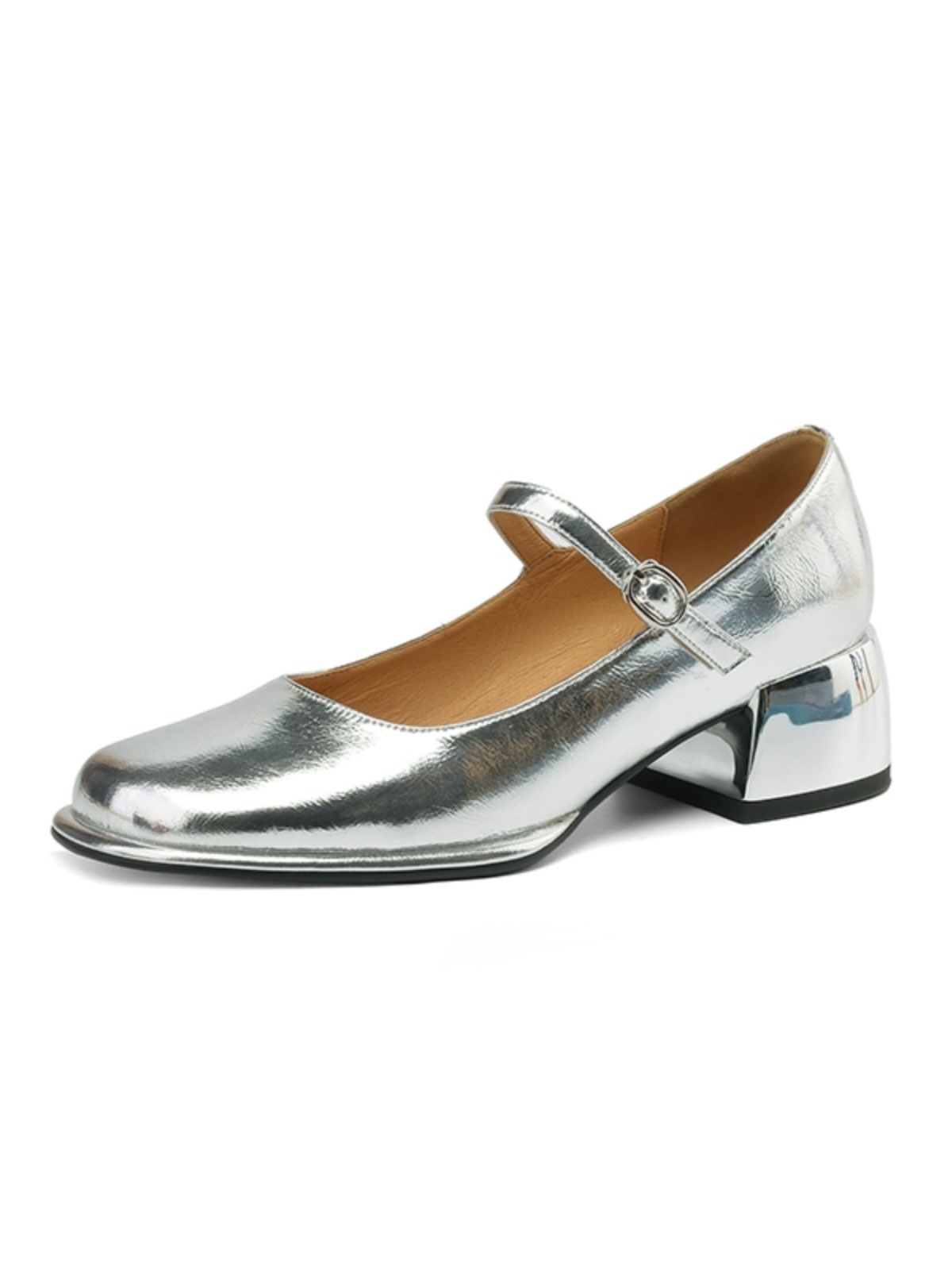 Genuine Leather Round Toe Mid Heel Chunky Mary Jane Shoes for Women - Silver One Strap Design, Spring 2025 Style Genuine Leather Round Toe Mid Heel Chunky Mary Jane Shoes for Women - Silver One Strap Design, Spring 2025 Style
