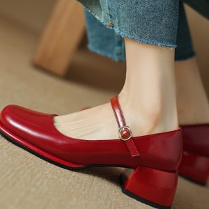 Genuine Leather Round Toe Mid Heel Chunky Mary Jane Shoes for Women - Silver One Strap Design, Spring 2025 Style