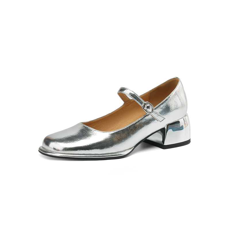 Genuine Leather Round Toe Mid Heel Chunky Mary Jane Shoes for Women - Silver One Strap Design, Spring 2025 Style Genuine Leather Round Toe Mid Heel Chunky Mary Jane Shoes for Women - Silver One Strap Design, Spring 2025 Style