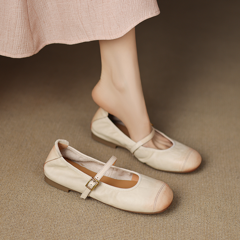 Genuine Leather Round Toe One-Strap Mary Jane Shoes for Women - French Vintage Style Flat Shoes