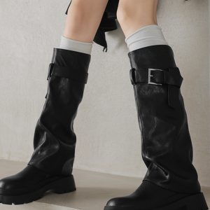 Genuine Leather Round Toe Western Cowboy Boots for Women - Thick Bottom Long Tube Knight Style Summer Pants Boots