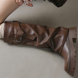 Genuine Leather Round Toe Western Cowboy Boots for Women - Thick Bottom Long Tube Knight Style Summer Pants Boots