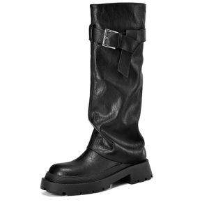 Genuine Leather Round Toe Western Cowboy Boots for Women - Thick Bottom Long Tube Knight Style Summer Pants Boots