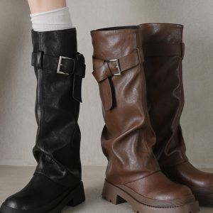 Genuine Leather Round Toe Western Cowboy Boots for Women - Thick Bottom Long Tube Knight Style Summer Pants Boots
