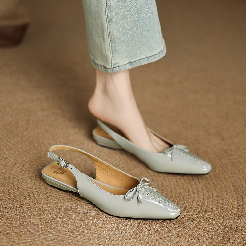 Genuine Leather Square Toe Bow Strap Sandals for Women - Summer 2025 Low Heel Closed Toe Footwear