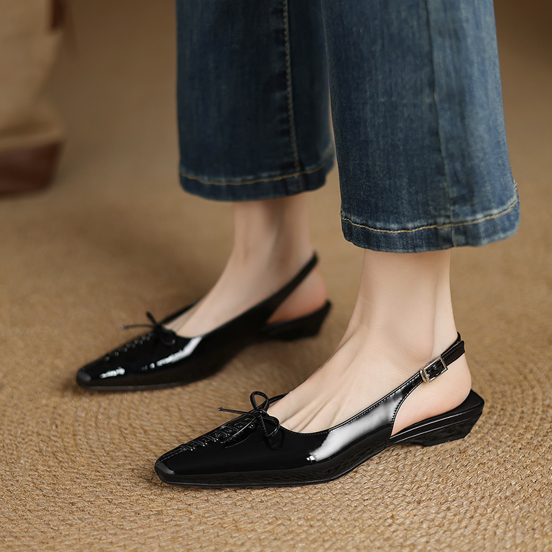 Genuine Leather Square Toe Bow Strap Sandals for Women - Summer 2025 Low Heel Closed Toe Footwear