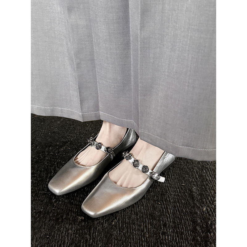 Genuine Leather Square Toe Camellia One-Strap Mary Jane Shoes for Women - Comfortable Versatile Flats for Everyday Wear