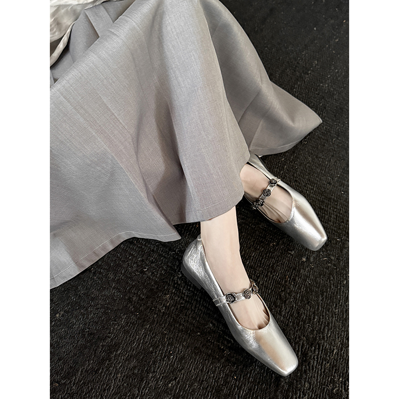 Genuine Leather Square Toe Camellia One-Strap Mary Jane Shoes for Women - Comfortable Versatile Flats for Everyday Wear