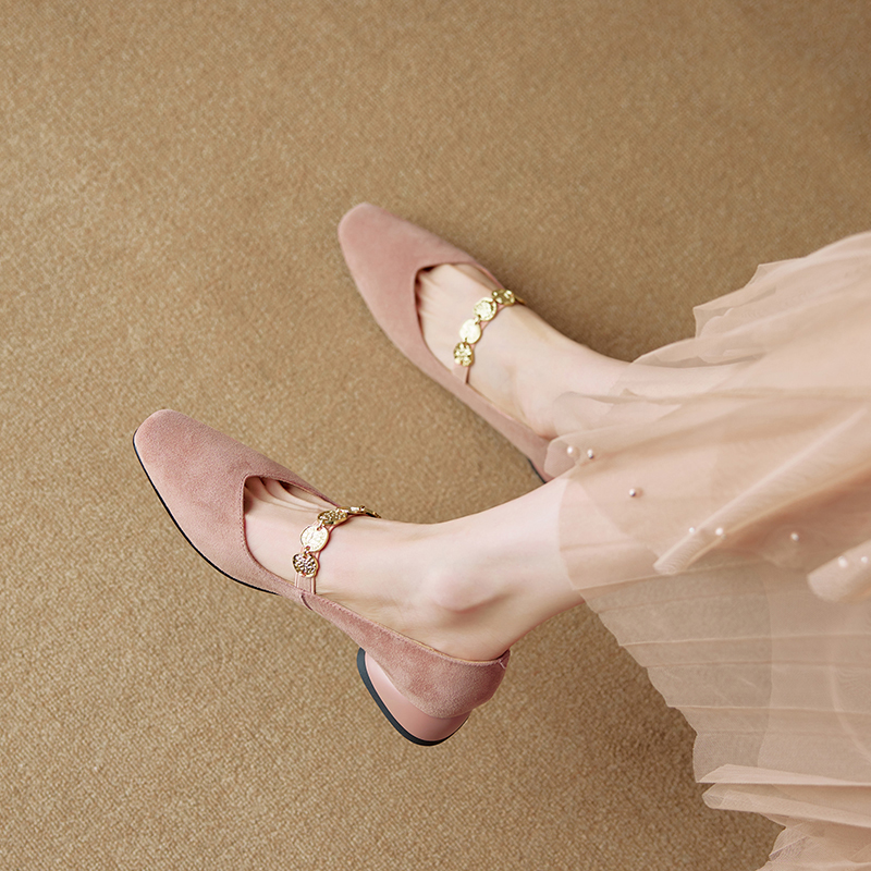 Genuine Leather Square Toe Coin Chain Mary Jane Shoes for Women - 2025 French Elegant Mid-Heel Flats, Vintage Style