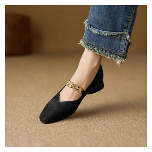 Genuine Leather Square Toe Coin Chain Mary Jane Shoes for Women - 2025 French Elegant Mid-Heel Flats, Vintage Style