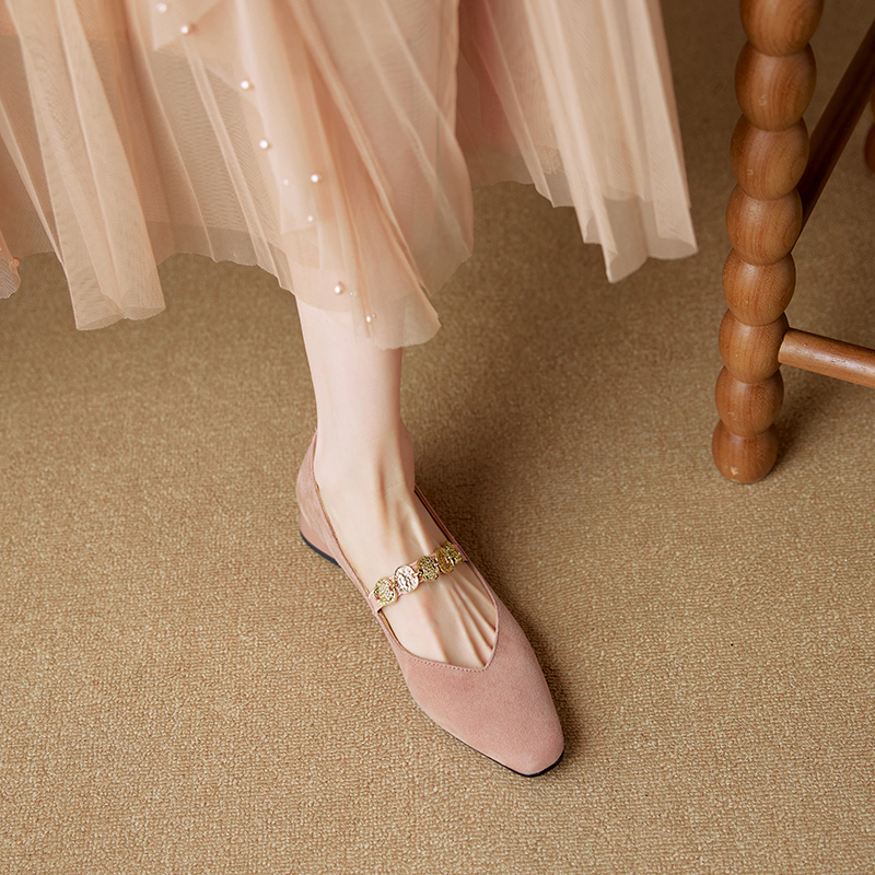 Genuine Leather Square Toe Coin Chain Mary Jane Shoes for Women - 2025 French Elegant Mid-Heel Flats, Vintage Style