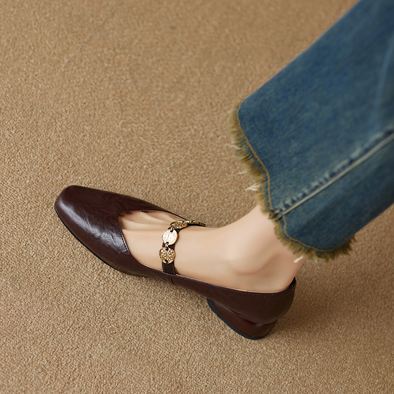 Genuine Leather Square Toe Coin Mary Jane Shoes for Women - Retro Low Heel Versatile Flats in Italian Style