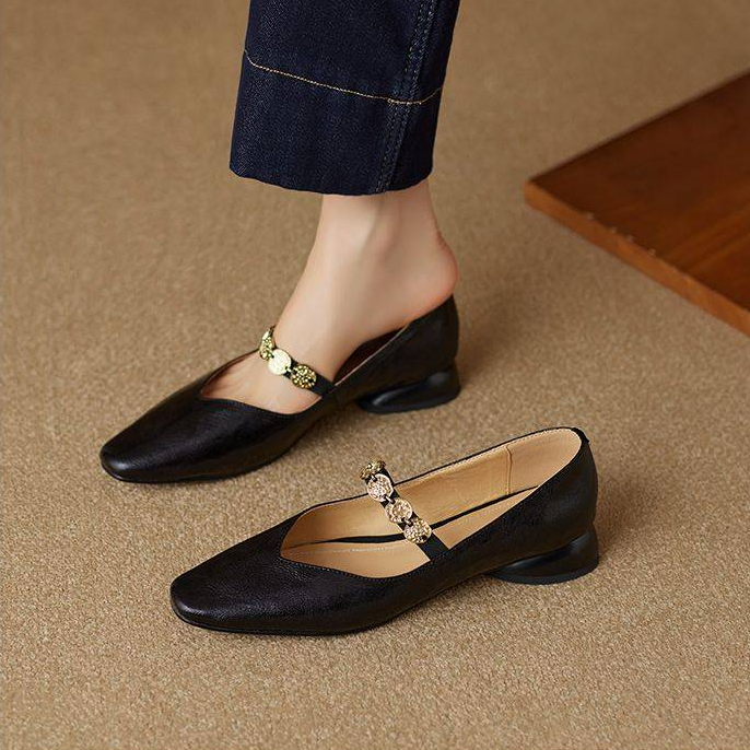 Genuine Leather Square Toe Coin Mary Jane Shoes for Women - Retro Low Heel Versatile Flats in Italian Style