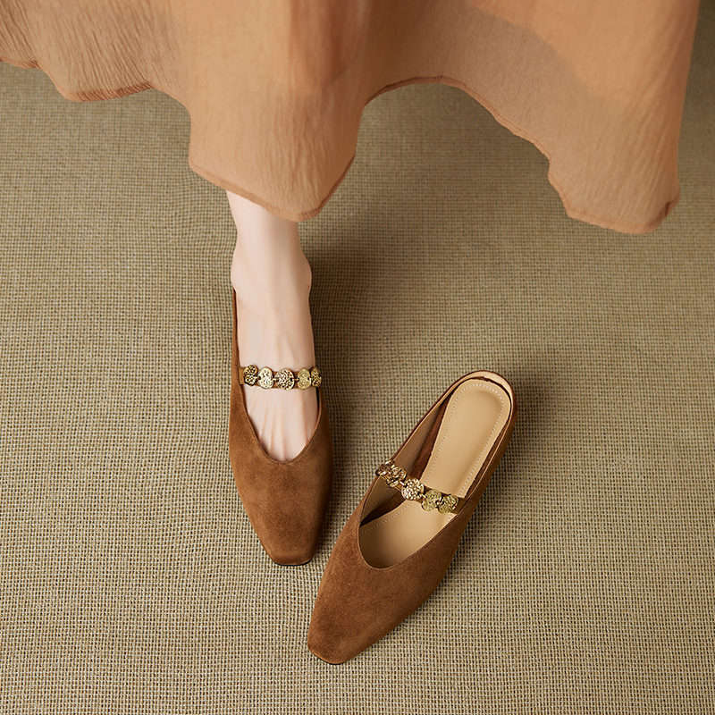 Genuine Leather Square Toe Gold Coin Slip-On Mules for Women - Summer Height-Increasing Closed-Toe Slippers