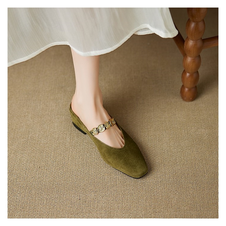 Genuine Leather Square Toe Gold Coin Slip-On Mules for Women - Summer Height-Increasing Closed-Toe Slippers