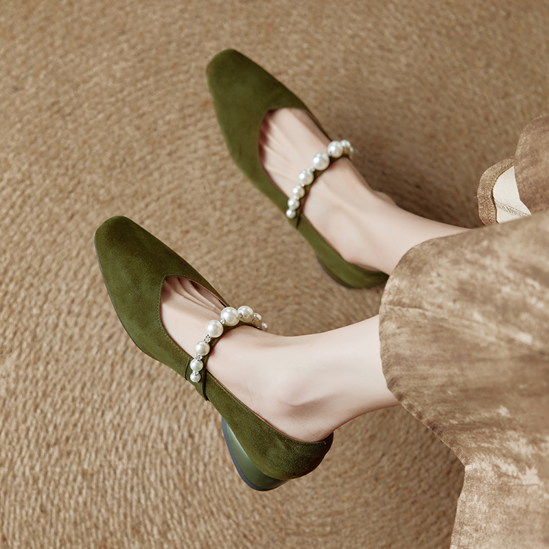 Genuine Leather Square Toe Mary Jane Shoes for Women - Elegant Mid Chunky Heel Pearl Flats, 2025 Style, Versatile Fashion Footwear