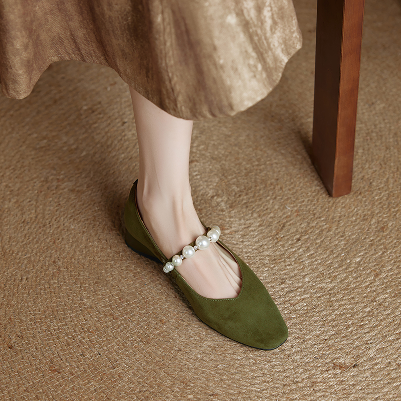 Genuine Leather Square Toe Mary Jane Shoes for Women - Elegant Mid Chunky Heel Pearl Flats, 2025 Style, Versatile Fashion Footwear